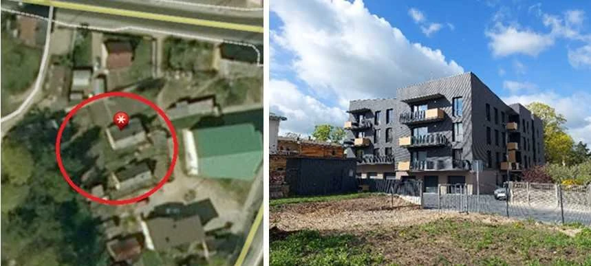 1 pav. Nuotrauka iki statinio rekonstrukcijos (objektai pažymėti raudonu apskritimu) ir objektas po rekonstrukcijos Savivaldybėms išduodant statybų leidimus – korupcijos rizikos. Įtartini atvejai nustatyti ir Panevėžyje